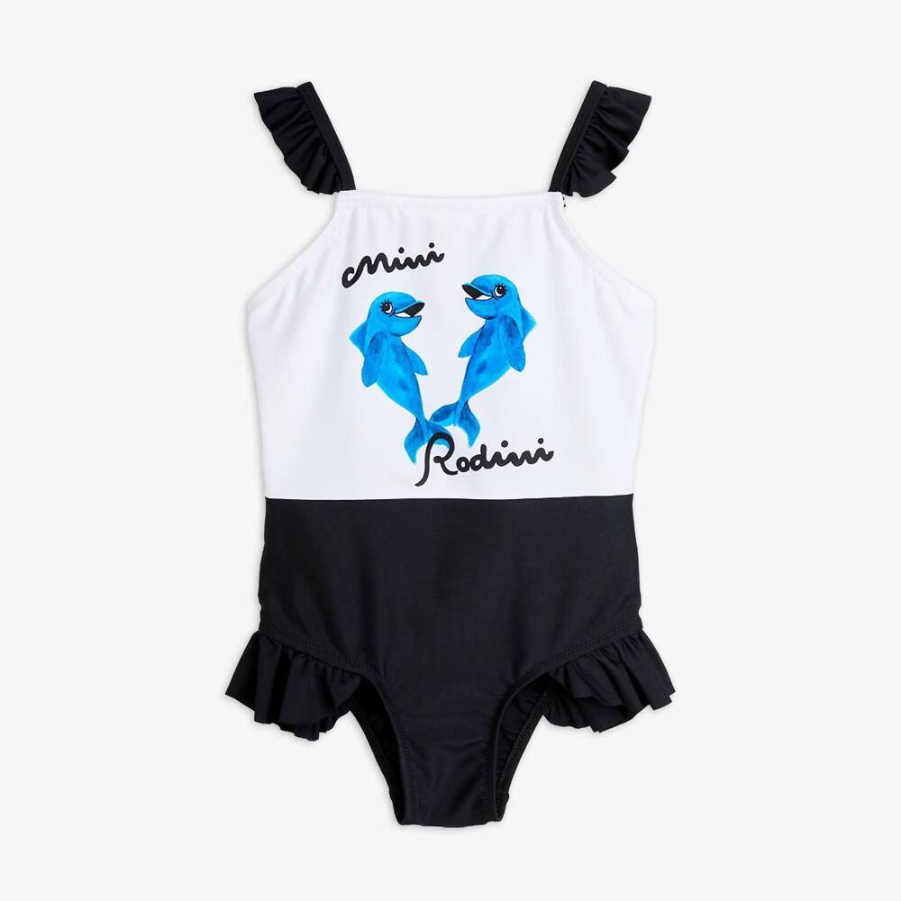 NEW MINI RODINI girl's dolphins frill swimsuit in black/white